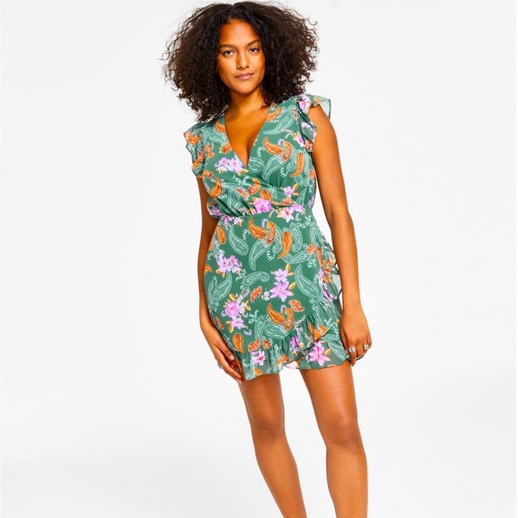 Bar III Dresses & Skirts - Bar III Green Pink Ruffled Wrap Sundress